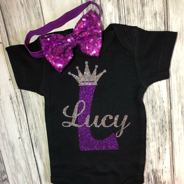 Monogrammed name newborn girl outfit, personalized baby outfit with cursive name and crown, name and initial, Custom Princess baby clothes