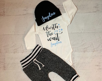 Worth the wait Baby boy Coming home outfit, personalized baby clothes, Newborn going home baby shower gift, Customized take home baby