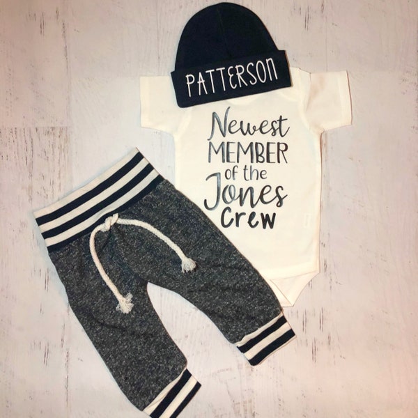 Newest member of the crew baby boy outfit, Personalized new to the crew outfit, Newest addition newborn, Boy personalized Coming home outfit