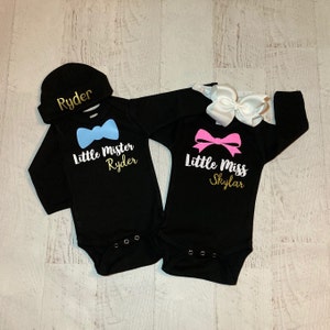 Personalized Twin baby outfits, Newborn Twin gifts, Little miss little mister bow tie shirts, matching boy girl twins, Come home outfits