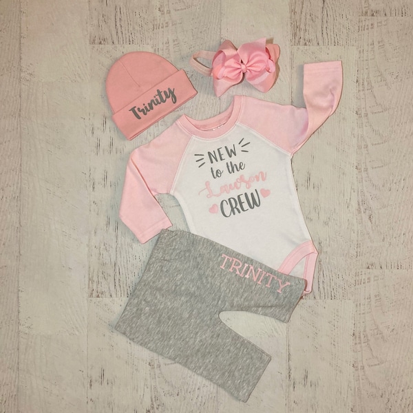 Baby girl New to the Crew with personalized name, coming home outfit personalized pink and gray newborn gift set, new to the family outfit