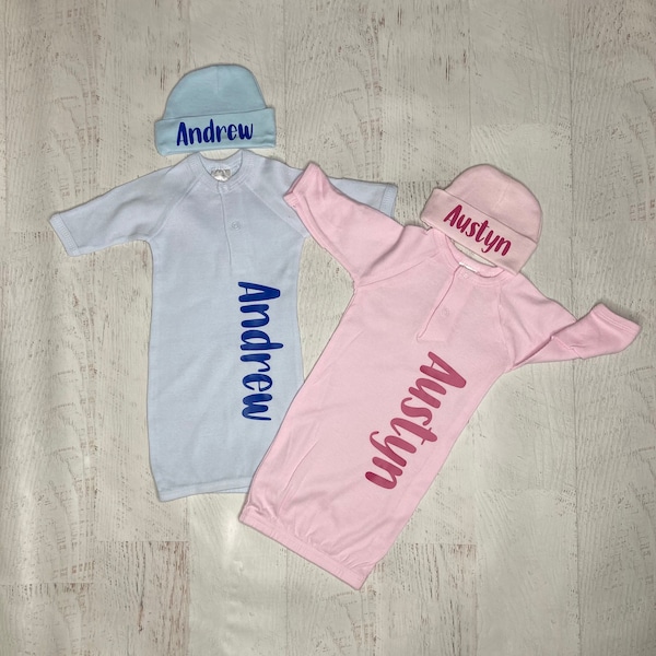 Preemie boy and girl twins outfits personalized pink and blue gowns with name twin gifts Custom long sleeve gowns with fold up mittens