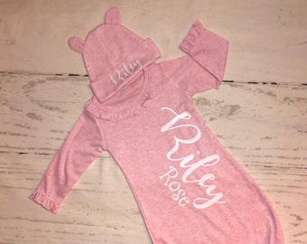 Baby girl gown personalized name ruffle trim pink gown, custom newborn girl gown, coming home outfit, baby shower gift, custom infant gown