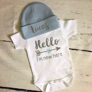 Hello I&#39;m new here newborn outfit, Unisex baby clothes, baby girl, Baby shower custom gift, Preemie baby boy outfit, Custom hospital outfit