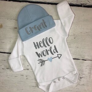 Hello World newborn baby boy personalized outfit, Baby shower gift, coming home outfit, Preemie boy clothes, Going home outfit, Custom baby