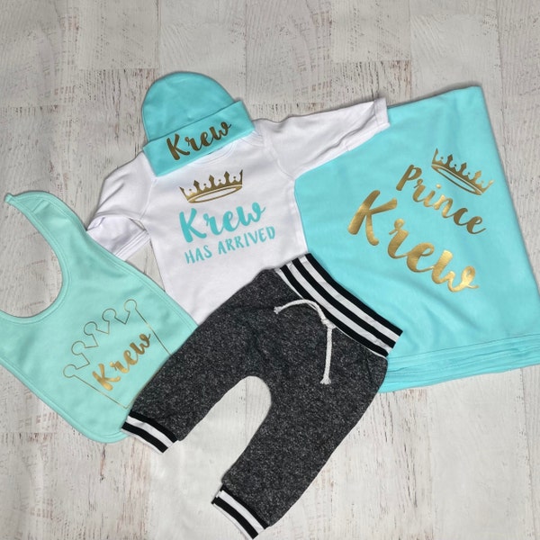 Personalized baby boy prince has arrived mint outfit, Newborn Baby shower gift set for boy, Infant Coming home outfit, Custom baby clothing