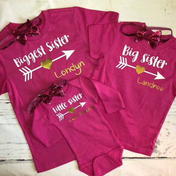 Matching sister shirts, Personalized hot pink arrow t-shirts, Biggest sister, big sister, little sister arrow sibling tees, 3 girls