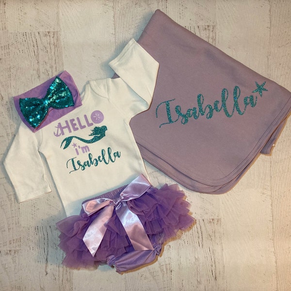 Mermaid baby girl personalized newborn outfit, Hello I'm shirt, Newborn coming home outfit, Mermaid baby clothing, Going home mermaid shirt