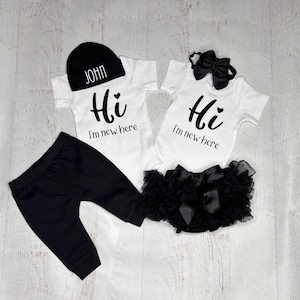 Twins boy girl newborn outfits, Hi I&#39;m new here baby twin gift set, Boy twin outfits, Matching twin girls coming home outfits, Infant twins