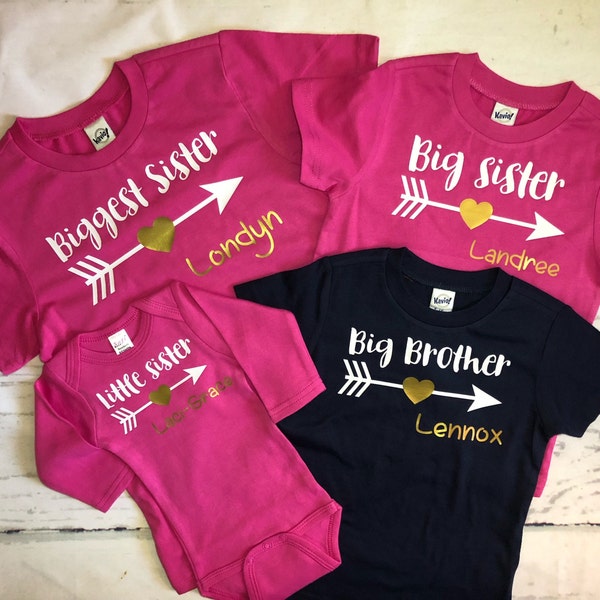 4 matching sibling shirts personalized, Big brother, big sister, little sister shirts, Big middle little set of 4 children's custom tees