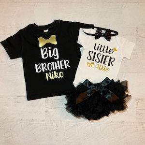 Little sister and big brother personalized sibling outfits, matching sibling shirts, Baby shower gift, bow tie t- shirt sibling shirts heart