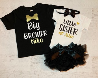 Little sister and big brother personalized sibling outfits, matching sibling shirts, Baby shower gift, bow tie t- shirt sibling shirts heart