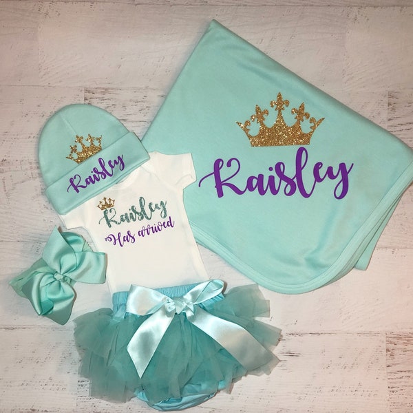 Baby girl name outfit, Princess personalized coming home outfit mint and purple, Princess has arrived, Custom baby gift set tutu & blanket