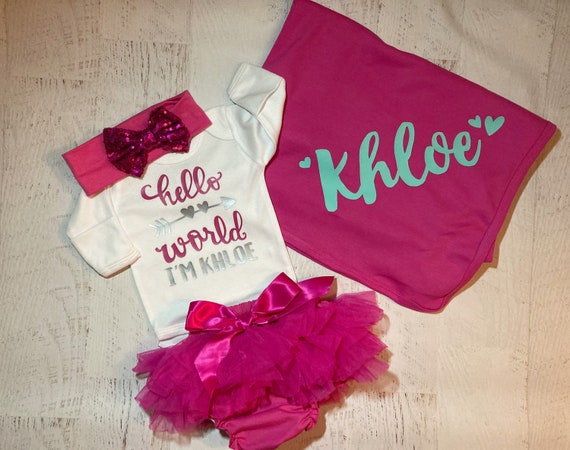 Hello World Newborn Outfit Girl Custom Baby Clothes Personalized