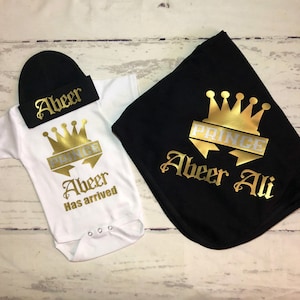 Prince has arrived personalized baby boy coming home outfit, Custom newborn boy clothing, Little prince monogrammed gift set, Preemie prince