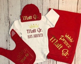 Prince newborn outfit personalized baby boy gift set red and gold, Prince has arrived Coming home outfit, Preemie baby clothes, newborn