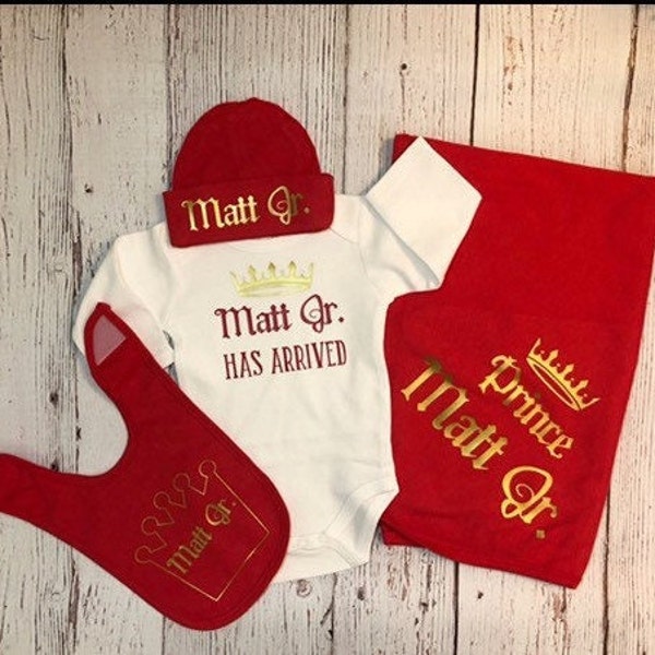 Prince newborn outfit personalized baby boy gift set red and gold, Prince has arrived Coming home outfit, Preemie baby clothes, newborn