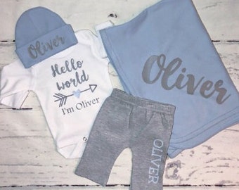 Hello World personalized Coming home outfit, baby shower gift set,newborn going home outfit, take home baby boy, Newborn photo outfit