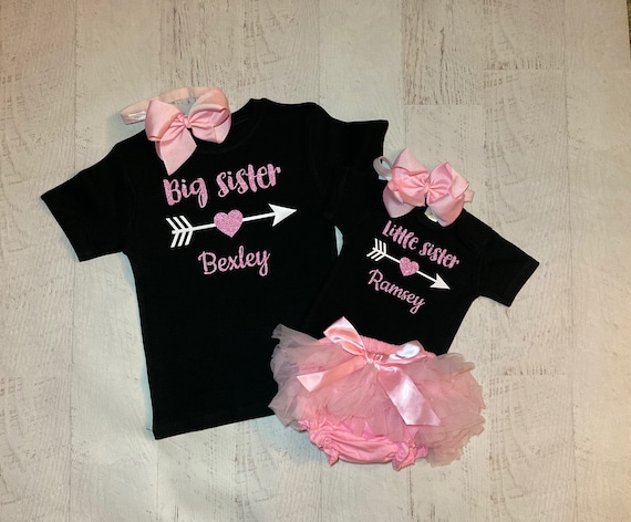 Monamees Big and Little Sister Personalized Matching Outfits, Sisters Shirt Set, Customized Baby Shower Gifts for Girls, Little Sister Announcement