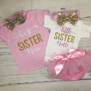 Little sister coming home outfit matching big sister shirt personalized names baby girl gift, Big and little sisters Custom T-shirts