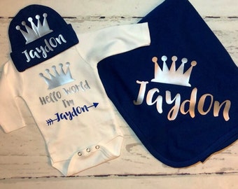 Coming home baby boy outfit, Personalized Hello world blue newborn gift set, Custom Prince going home, Preemie baby clothes, take home boy