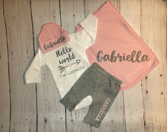 Baby girl Hello World newborn outfit with name pants hat blanket, Personalized Coming home outfit, baby shower gift, Custom baby clothes