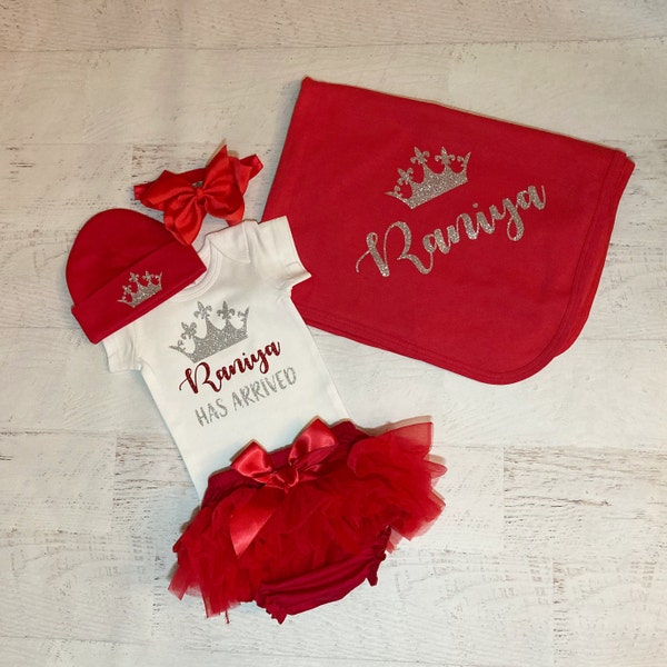 Newborn Coming home outfit girl personalized princess has arrived outfit, infant tutu and bow, take home outfit girl, baby shower gift set