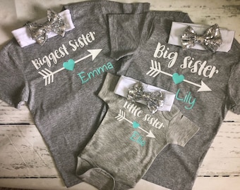 Personalized Matching sibling shirts, 3 kids, Sisters t-shirts, Biggest sister, big sister, little sister, Custom 3 sisters t-shirts