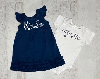 Big sis Little bro matching outfits navy & white, Big sister angel flutter sleeves dress, Little brother coming home outfit, sibling outfits