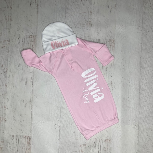 Preemie baby girl gown with name, personalized preemie gift, Custom preemie gown with first and middle name, gown with hat, fold up mittens