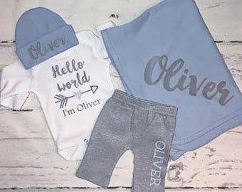 Hello World personalized Coming home outfit, baby shower gift set,newborn going home outfit, take home baby boy, Newborn photo outfit