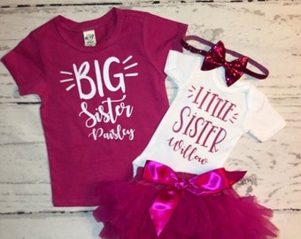 Big sister little sister hot pink personalized matching outfits, Sisters shirts, baby gift mom expecting 2nd daughter, Take home baby sister