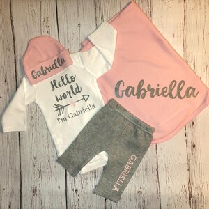 Hello World baby girl newborn outfit with name pants hat blanket, Personalized Coming home outfit, baby shower gift, Custom baby clothes