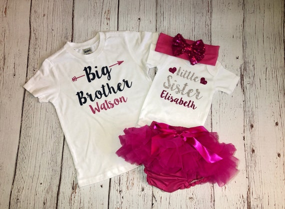 Monamees Big and Little Sister Personalized Matching Outfits, Sisters Shirt Set, Customized Baby Shower Gifts for Girls, Little Sister Announcement