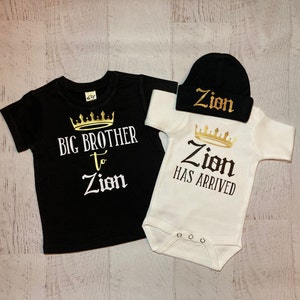 Big brother to little brother personalized Prince crown shirts set, Custom Baby shower gift, matching sibling outfits, Big brother to prince