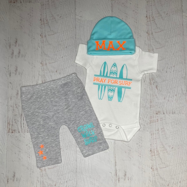 Surfer baby outfit, pray for surf newborn surf outfit, future surfer, Surf family baby gift, surfboard shirt, crawl walk surf, beach baby