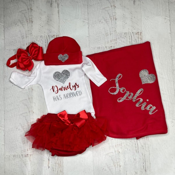 Baby girl Coming home outfit with custom name and big heart tutu and bow, Personalized take home girl outfit, Baby shower gift girl