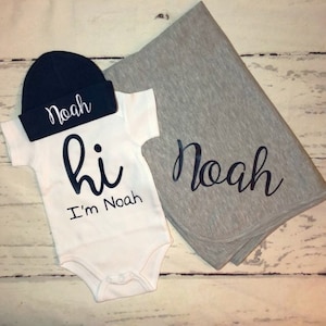 Personalized Baby Outfit and Blanket Set, Custom Name Baby Hat and Swaddle Gift Set, Hi baby name shirt, coming home Newborn boy clothes