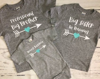 Matching sibling shirts, Personalized sibling shirts for 3 kids gift set, Professional Big brother, Big sister in training, newest addition