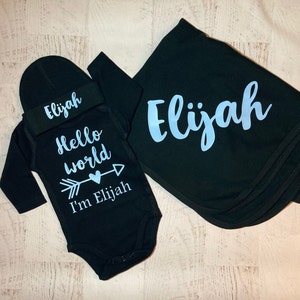 Customizable Hello World Baby Boy Gift Set, Newborn Coming Home Outfit, Black Bodysuit, Personalized Baby Clothes, Coming Home Outfit