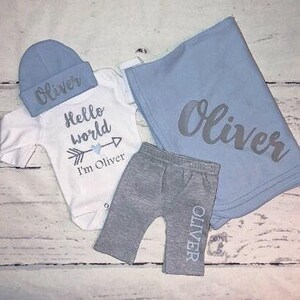 Conjunto personalizado de Hello World para volver a casa, set de regalo para baby shower, conjunto para volver a casa para recién nacido, bebé varón para llevar a casa, conjunto fotográfico para recién nacido