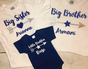 Personalized sister and brother shirts 3 kids, big and little Coordinating tees, 3rd baby sibling coming home, Matching outfits with names