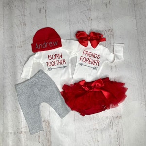 Born together friends forever twin boy and girl baby outfits, Twins coming home, twin baby gifts best friends, Girl twin set, baby boy twins