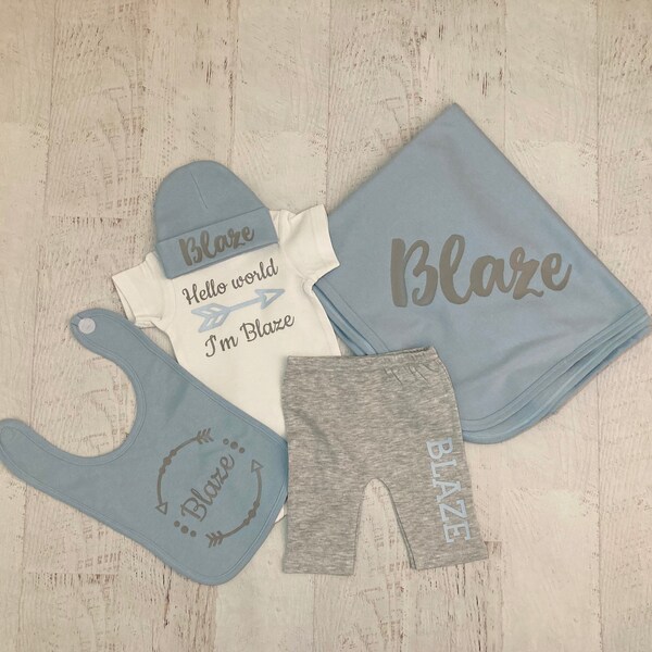 Personalized Hello World Baby Boy Outfit: Newborn Coming Home Set