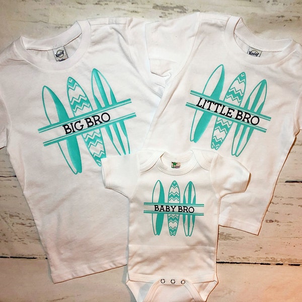 Surf Sibling shirts, 3 kids matching surfboard tees, Set of 3 sibling surfing t-shirts, Big bro, little bro, 3rd baby announcement, beach