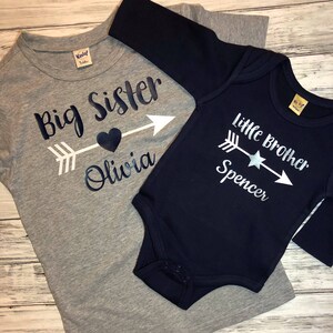 Custom Big sister and little brother shirts coordinating navy and gray, Big sis lil bro sibling t-shirts, big and little, baby shower gift