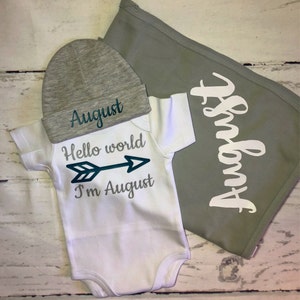 Hello world Personalized baby boy coming home outfit, Custom baby gift with name, Preemie boy, Monogrammed outfit, announce new baby