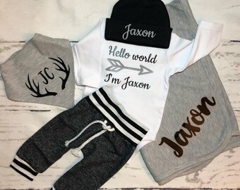 Hello World Baby Boy Outfit With Name, Arrow Personalized Coming