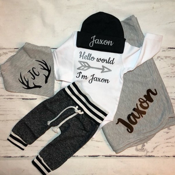 Hello World baby boy outfit with name, Arrow Personalized coming home outfit, Custom Newborn boy monogrammed gift set, Take home baby outfit