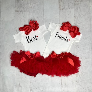 Twins girl newborn Best Friends baby girl red matching coming home outfits, Twin gifts, Twin babies photo outfits, 1st birthday besties